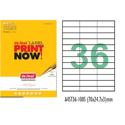 Desmat A4 Size Labels (36 Label Sheet, ST36)- 100 Sheets - Paper Labels - Desmat - Swas Stationery